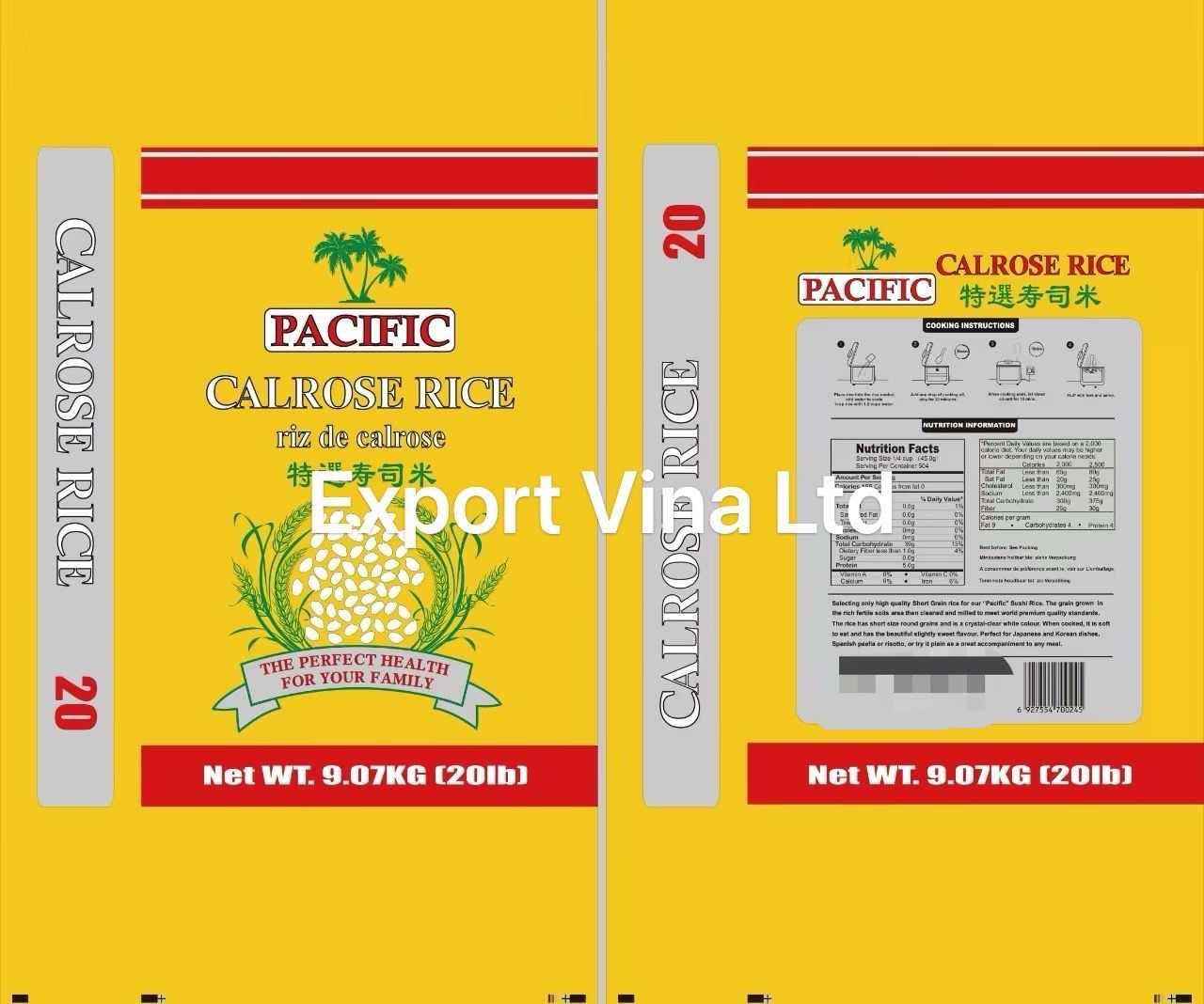 Export Vina LTD Calose Rice Pacific 9.07kg (20lbs)